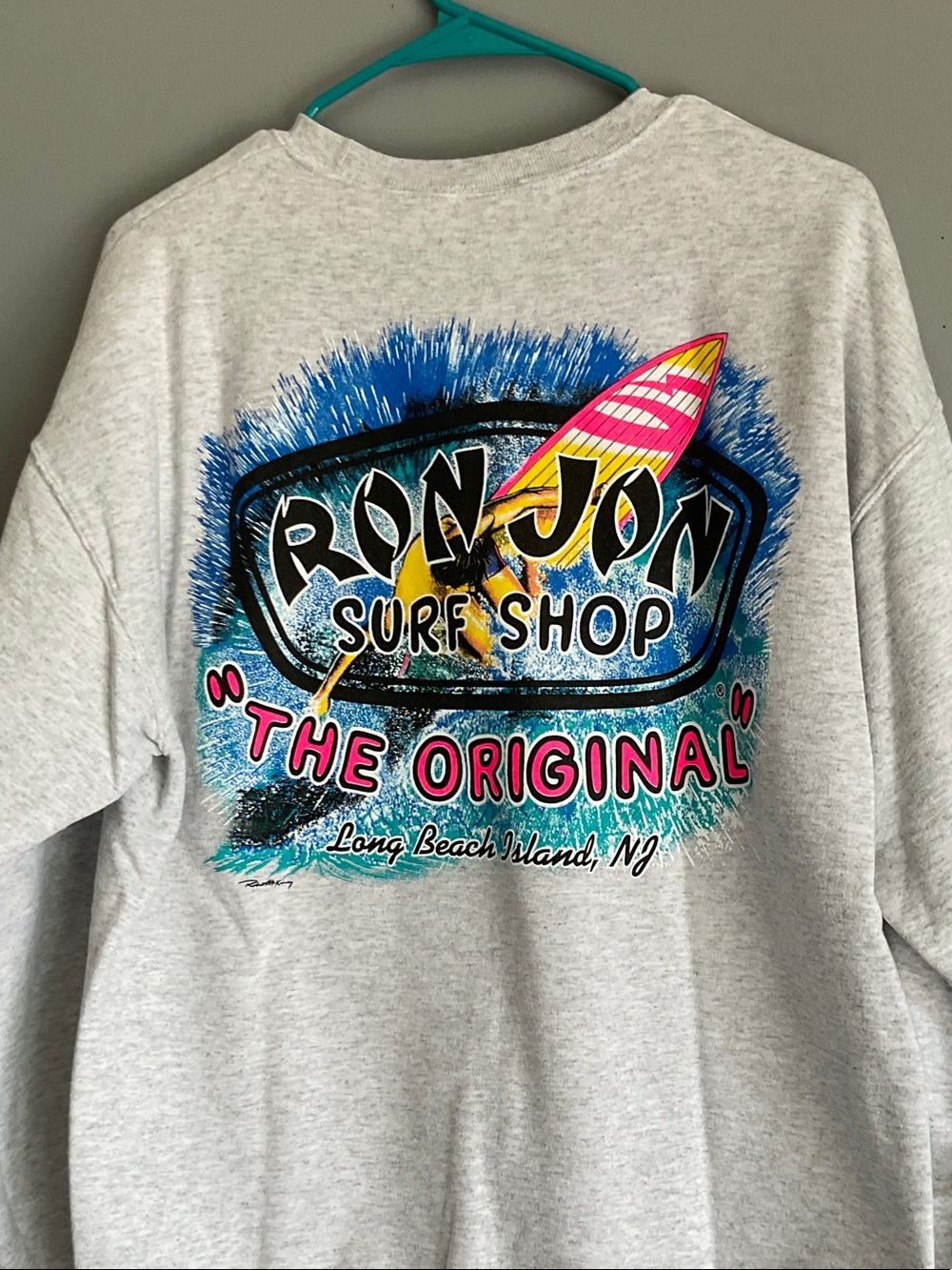 Ron Jon Gray Crewneck Sweatshirt with Teal & Navy Sleeve Logos